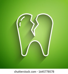 White line Broken tooth icon isolated on green background. Dental problem icon. Dental care symbol.  Vector Illustration