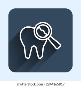 White line Broken tooth icon isolated with long shadow background. Dental problem icon. Dental care symbol. Blue square button. Vector