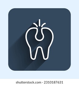 White line Broken tooth icon isolated with long shadow background. Dental problem icon. Dental care symbol. Blue square button. Vector
