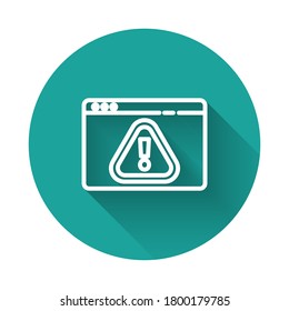 White line Browser with exclamation mark icon isolated with long shadow. Alert message smartphone notification. Green circle button. Vector Illustration