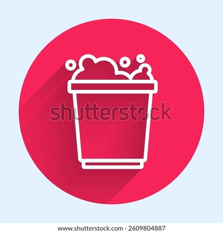 White line Bucket with foam and bubbles icon isolated with long shadow. Cleaning service concept. Red circle button. Vector