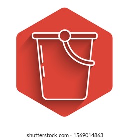 White line Bucket icon isolated with long shadow. Red hexagon button. Vector Illustration