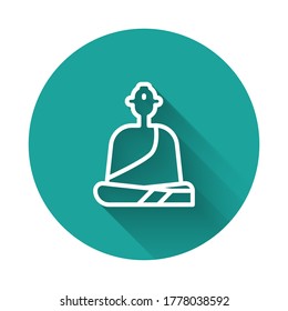 White line Buddhist monk in robes sitting in meditation icon isolated with long shadow. Green circle button. Vector Illustration