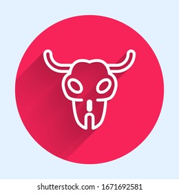 White line Buffalo skull icon isolated with long shadow. Red circle button. Vector Illustration