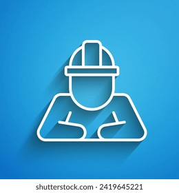 White line Builder icon isolated on blue background. Construction worker. Long shadow. Vector