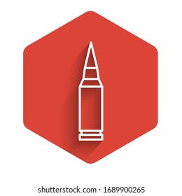 Icono de viñeta de línea blanca aislado con una sombra larga. Botón hexágono rojo. Ilustración vectorial