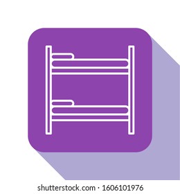 White line Bunk bed icon isolated on white background. Purple square button. Vector Illustration