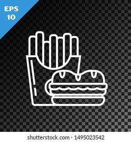 White line Burger and french fries in carton package box icon isolated on transparent dark background. Hamburger, cheeseburger sandwich. Fast food menu.  Vector Illustration