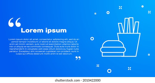White line Burger and french fries in carton package box icon isolated on blue background. Hamburger, cheeseburger sandwich. Fast food.  Vector Illustration