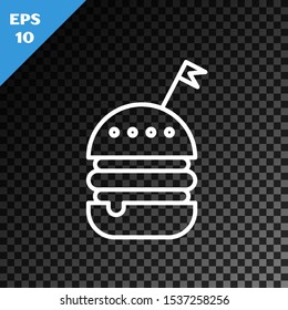 White line Burger icon isolated on transparent dark background. Hamburger icon. Cheeseburger sandwich sign. Fast food menu.  Vector Illustration