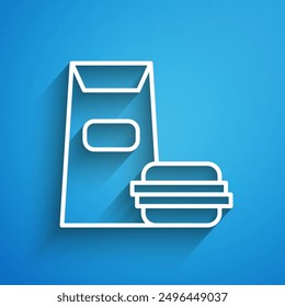 White line Burger icon isolated on blue background. Hamburger icon. Cheeseburger sandwich sign. Fast food menu. Long shadow. Vector