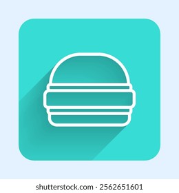 White line Burger icon isolated with long shadow. Hamburger icon. Cheeseburger sandwich sign. Fast food menu. Green square button. Vector