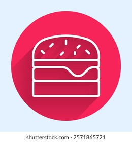 White line Burger icon isolated with long shadow background. Hamburger icon. Cheeseburger sandwich sign. Fast food menu. Red circle button. Vector