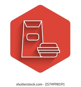 White line Burger icon isolated with long shadow. Hamburger icon. Cheeseburger sandwich sign. Fast food menu. Red hexagon button. Vector