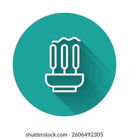 White line Burning aromatic incense sticks icon isolated with long shadow background. Green circle button. Vector