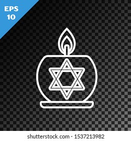 White line Burning candle in candlestick with star of david icon isolated on transparent dark background. Cylindrical candle stick with burning flame.  Vector Illustration