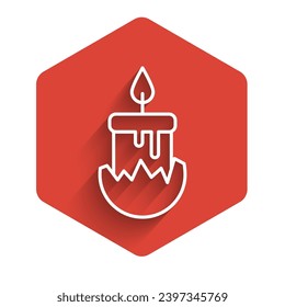 White line Burning candle in candlestick icon isolated with long shadow. Cylindrical candle stick with burning flame. Red hexagon button. Vector Illustration