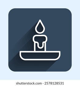 White line Burning candle in candlestick icon isolated with long shadow background. Cylindrical candle stick with burning flame. Blue square button. Vector