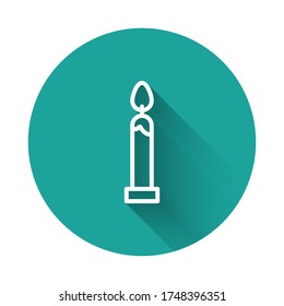 White line Burning candle icon isolated with long shadow. Cylindrical candle stick with burning flame. Green circle button. Vector Illustration
