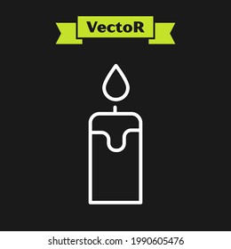 White line Burning candle icon isolated on black background. Cylindrical candle stick with burning flame.  Vector