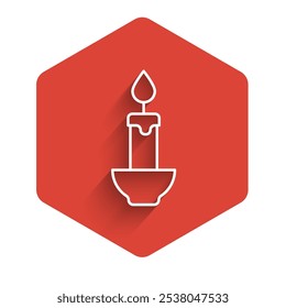 White line Burning candle icon isolated with long shadow background. Cylindrical candle stick with burning flame. Red hexagon button. Vector