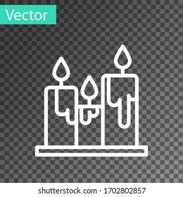 Línea blanca Icono quemando velas aisladas en fondo transparente. Vela cilíndrica con llama ardiente. Ilustración vectorial