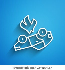 White line Burning car icon isolated on blue background. Car on fire. Broken auto covered with fire and smoke. Long shadow. Vector