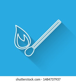 White line Burning match with fire icon isolated with long shadow. Match with fire. Matches sign.  Vector Illustration