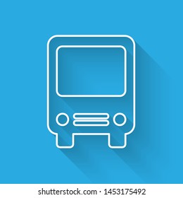 White line Bus icon isolated with long shadow. Transportation concept. Bus tour transport sign. Tourism or public vehicle symbol.  Vector Illustration