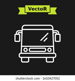 White line Bus icon isolated on black background. Transportation concept. Bus tour transport sign. Tourism or public vehicle symbol.  Vector Illustration