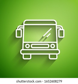 White line Bus icon isolated on green background. Transportation concept. Bus tour transport sign. Tourism or public vehicle symbol.  Vector Illustration