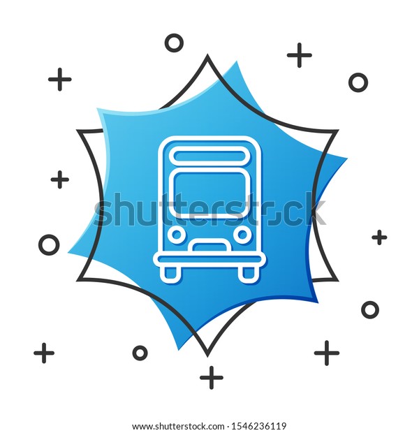 White line Bus icon\
isolated on white background. Transportation concept. Bus tour\
transport sign. Tourism or public vehicle symbol. Blue hexagon\
button. Vector\
Illustration