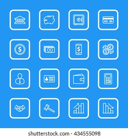 white line business commercial and finance icon set with rounded rectangle frame for web design, user interface (UI), infographic and mobile application (apps)