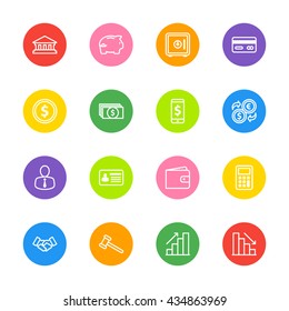 white line business commercial and finance icon set on colorful circle for web design, user interface (UI), infographic and mobile application (apps)