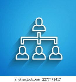 White line Business hierarchy organogram chart infographics icon isolated on blue background. Corporate organizational structure graphic elements. Long shadow. Vector