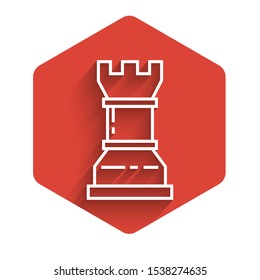 White line Business strategy icon isolated with long shadow. Chess symbol. Game, management, finance. Red hexagon button. Vector Illustration