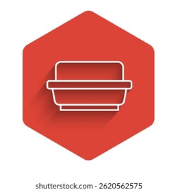 White line Butter in a butter dish icon isolated with long shadow. Butter brick on plate. Milk based product. Natural dairy product. Red hexagon button. Vector
