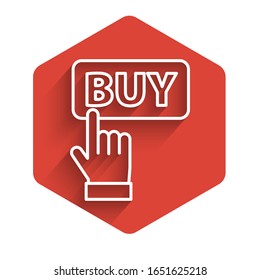 White line Buy button icon isolated with long shadow. Red hexagon button. Vector Illustration