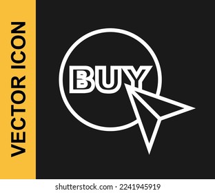 Icono del botón Comprar línea blanca aislado en fondo negro.  Vector