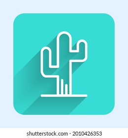 White line Cactus icon isolated with long shadow. Green square button. Vector