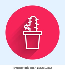 White line Cactus peyote in pot icon isolated with long shadow. Plant growing in a pot. Potted plant sign. Red circle button. Vector Illustration
