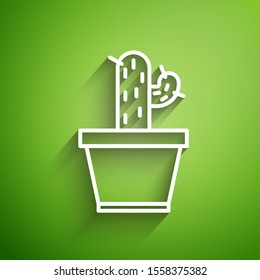 White line Cactus and succulent in pot icon isolated on green background. Plant growing in a pot. Potted plant sign.  Vector Illustration