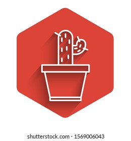 White line Cactus and succulent in pot icon isolated with long shadow. Plant growing in a pot. Potted plant sign. Red hexagon button. Vector Illustration