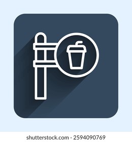 White line Cafe and restaurant location icon isolated with long shadow background. Fork and spoon eatery sign inside pinpoint. Blue square button. Vector.