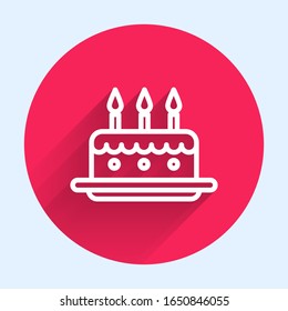 White line Cake with burning candles icon isolated with long shadow. Happy Birthday. Red circle button. Vector Illustration
