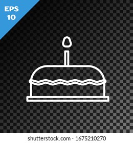 White line Cake with burning candles icon isolated on transparent dark background. Happy Birthday.  Vector Illustration
