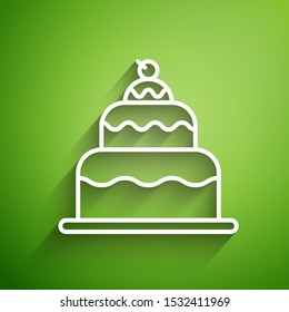 White line Cake icon isolated on green background. Happy Birthday.  Vector Illustration