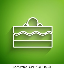 White line Cake icon isolated on green background. Happy Birthday.  Vector Illustration