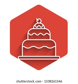 White line Cake icon isolated with long shadow. Happy Birthday. Red hexagon button. Vector Illustration