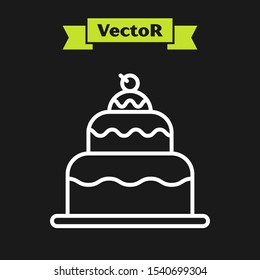 White line Cake icon isolated on black background. Happy Birthday.  Vector Illustration